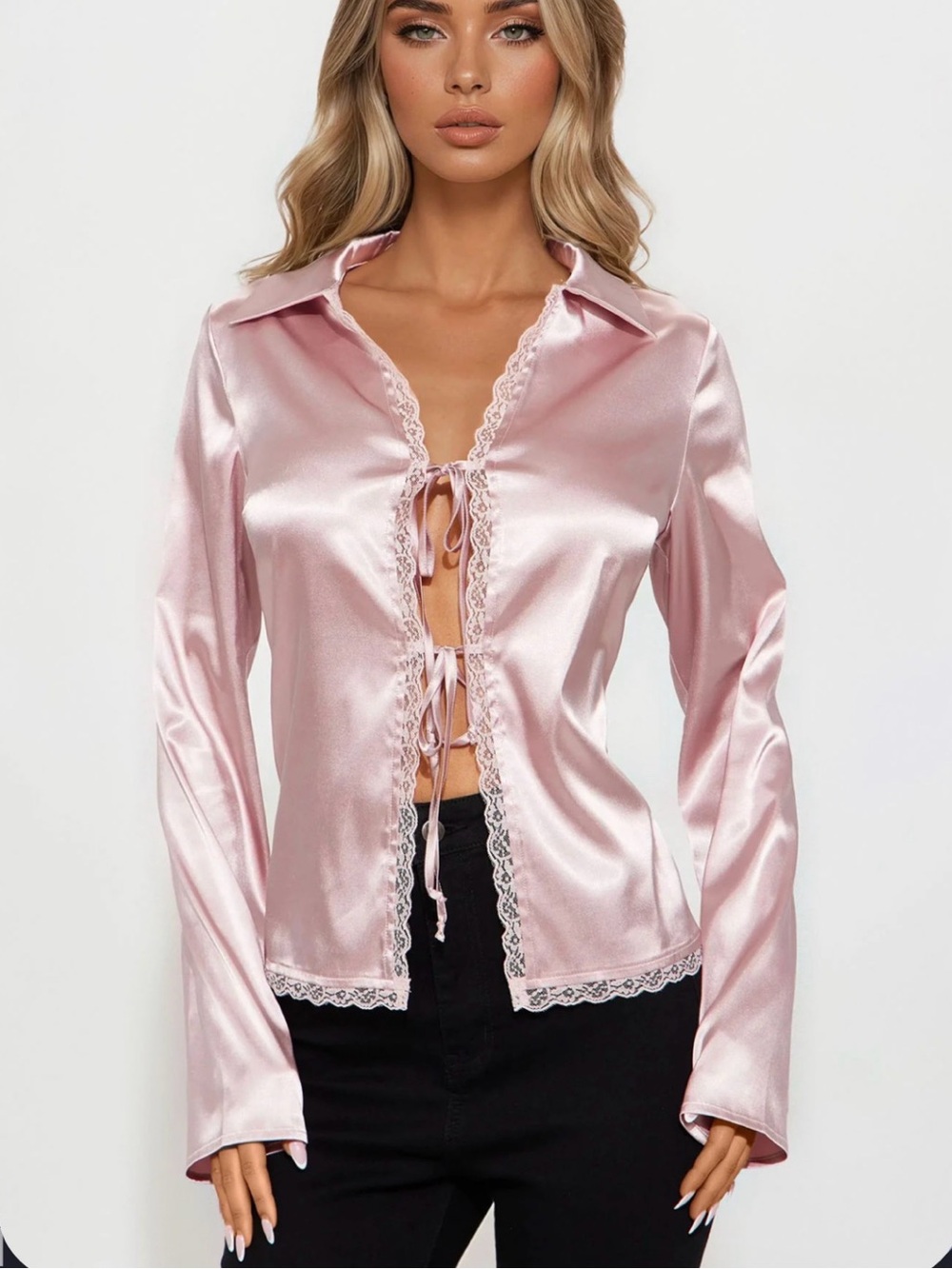 🆕💖Satin Lace-Trim Tie-Front Top